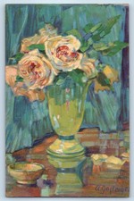 c1910's Roses Flowers In Green Vase Art Signed Artist Antique Posted Postcard picture