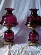 Pair Vintage Purple Glass Table Lamps Ornate Metal Base Shaded Knob Control picture
