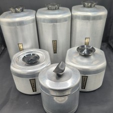 Vintage 1950s Kromex Aluminum Kitchen Canisters Set 6 Sugar Flour Coffee Tea MCM picture