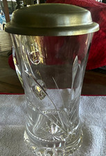 Clear Glass Breweriana Lidded Stein w/ Pewter Hinged Lid & Thumb Lift picture