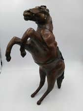Vintage Dark Brown Leather Rearing Up Horse Statue Figure Glass Eyes picture