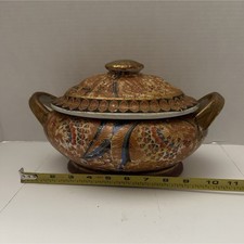 Gold Multicolor Floral Painted Ceramic Oval Tureen w/ Lid & Handles Set picture