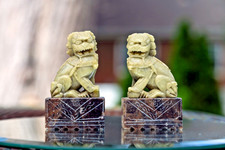 Vintage Pair Carved Stone Foo Dogs Chinese Guardian Lions 3 3/4” Feng Shui picture