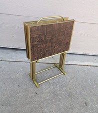 Vintage Set of 4 Faux Wood Parquet TV Tray Tables + Stand Mid Century Modern D73 picture