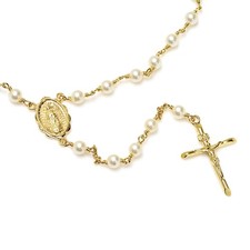 Gold Plated Bronze Rosary Necklace Swarovski Crystal Pearl Beads Guadalupe picture