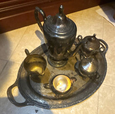 Silver Plated Metal Tea Set Oval Tray, Teapot, Sugar Bowl & Creamer 6 oz picture