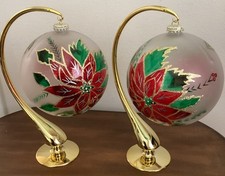 Poinsettia Hand Painted Plastic Large Christmas Ornaments Set Of 2 With Stands picture