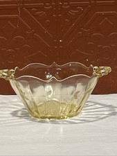 Vintage Lancaster Yellow Etched Depression Glass 2 Handled Bowl Cane Bottom 6.5