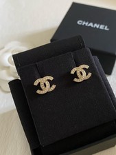 😍CHANEL Vintage Mini CCS Gold Earrings Small with Crystal Inlay 24C picture
