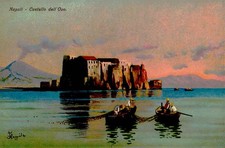Vintage Naples Italy Postcard Castello dell'Ovo Vesuvius Art Unposted picture