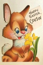 Vtg Easter Flocked Brown Bunny With Daffodil Card Front Half Only picture