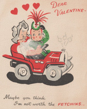 C1940-50s Vintage Red Car Automobile Feather Beard Cute Valentine Card USA picture