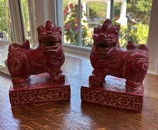 Heavy Vintage Pair Red Foo Dog Figurines Bookends Asian Guardian Lions Feng Shui picture