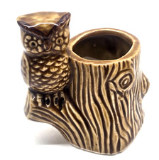 Vintage Ceramic Brown Owl & Tree Stump Collectible Toothpick Holder 3