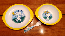 VINTAGE SNOOPY PEANUTS TRUDEAU NEW WAVE PLASTIC BOWL PLATE SPOON SET picture