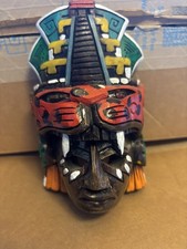 Vibrant Hand-Carved Mesoamerican Aztec Mayan Warrior Totem Wood Mask - Mexic picture