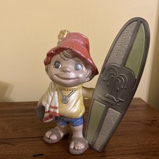 Vintage 1970s Ceramic Smiley Surfer Boy Figurine Atlantic Mold Peace Surfboard picture