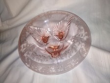 Antique Vintage Etched Pink Depression Glass 3 Footed Console Bowl Rolled Rim picture