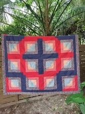 Vintage Handmade Log Cabin Quilt Courthouse Steps Patchwork Floral 56x56 Square picture