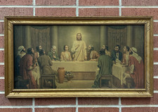 VTG Jesus Last Supper C. Bosseron Chambers Gold Framed RELIGIOUS Litho on Board picture