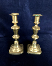 Pair Early 1800s Antique English Brass Forged 8.5” Pushup Candle Holders Sticks picture
