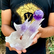 350G  Natural Brazilian Amethyst Hand Carved Nine‑Tailed Fox Crystal Figurine picture