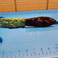 Aztec Obsidian Flint-Knapped Knife, Green Figural Stone Handle 10