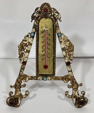Antique Jeweled Enameled Ormolu Brass Bronze Desk Thermometer Easel Stand picture