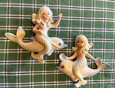 Set of 2 vintage MCM mermaids on dolphins plaques wall decor plastic rhinestone  picture