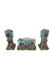 Vintage Belgian Art Nouveau Barbotine Majolica Floral Vase Garniture Set Signed picture