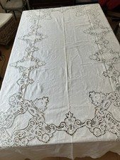 Vtg. Madeira Hand Embroidered Lace Linen Tablecloth 120x62 Quality Banquet  picture