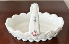 Colorful Westmoreland Milk Glass Basket Handpainted Roses & Grapes Split Handle picture