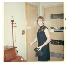 1960s Woman Black Mod Dress Beaded Neckline Gloves Vintage photo picture