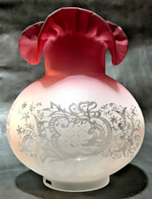 New Etched Filigree Gas Lamp Shade Cranberry Tint Glass w/Crimped Top, 4