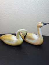 vintage primitive folk art hand-carved wooden swan decoy sculptures, set of 2 picture