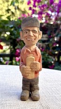 Vintage Hand Carved Wood Folk Art Winking Man Figurine Bread Loaf Rustic 6.5in picture