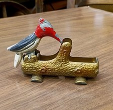 Vintage 1950s Mechanical Woodpecker on Log Toothpick Holder Dispenser Cast Metal picture