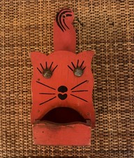 Vintage 1930s Folk Art Cat Match Box Holder, Orange, Cat, Metal Eyes picture
