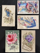 5 Antique Germany Embossed Velvet Flocked Postcards Greetings Holidays picture