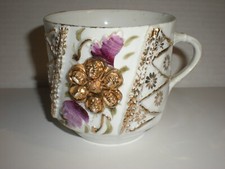 Antique Raised Floral Shaving Cup Mug Barber Gold Leaf Vintage picture