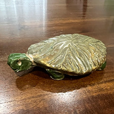 Handmade Ceramic Turtle Figurine Folk Art Pottery Green Gold Signed 2019 picture