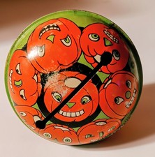 Vintage T. Comm. Inc. Halloween Pumpkin Noise Maker Tin Litho & Wood Made In USA picture