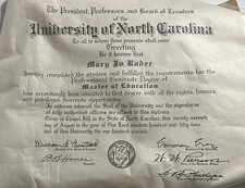 Vtg 1954 University of North Carolina UNC Chapel Hill Master Education Diploma picture