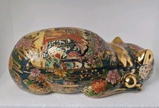 VTG Kutani Japanese Sleeping Cat Porcelain Large Hand Painted Figurine 9.75 Inch picture