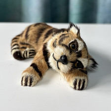 Sleeping Tiger Cub Faux Fur Figurine Lying Down, Brown Black Striped Small picture