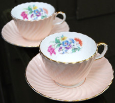 Vtg Set 2 AYNSLEY Teacups/Saucers PEACHY PINK SWIRL w/FLORAL England Bone China picture