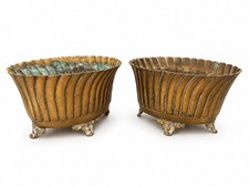 Pair Vintage Art Nouveau Footed Oval Solid Brass Cachepot Planter Pots picture