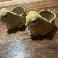 Bunny Rabbit Planter Realistic Tan White Ceramic Pair Easter Porcelain picture