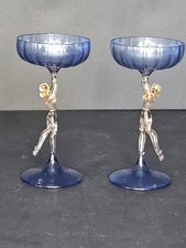 Vintage Bimini Style Art Deco Figural Nude Lady Stem Cordial Glasses Pair Cobalt picture