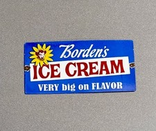 VINTAGE 12” BORDENS ICE CREAM DAIRY PORCELAIN SIGN CAR GAS OIL TRUCK MOTORCYCLE picture